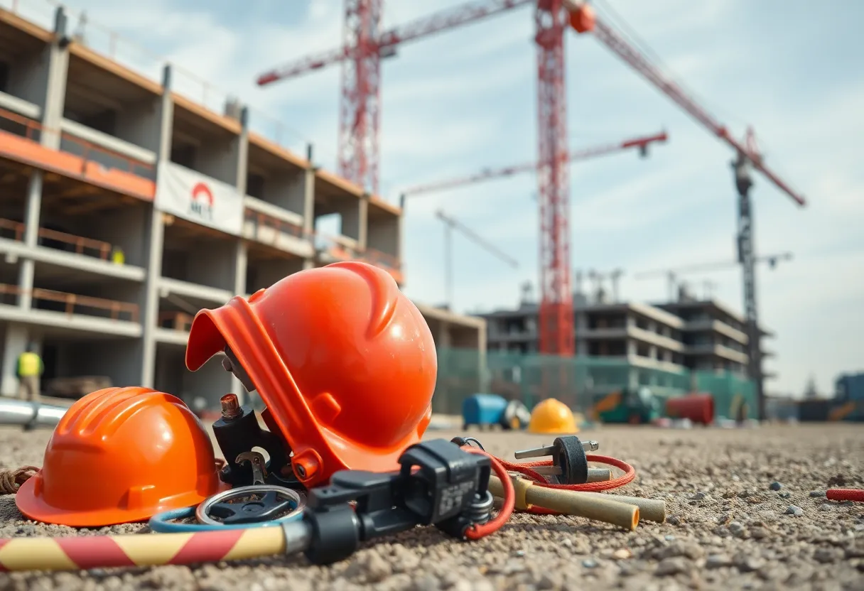 A view of a construction site showing scattered safety equipment