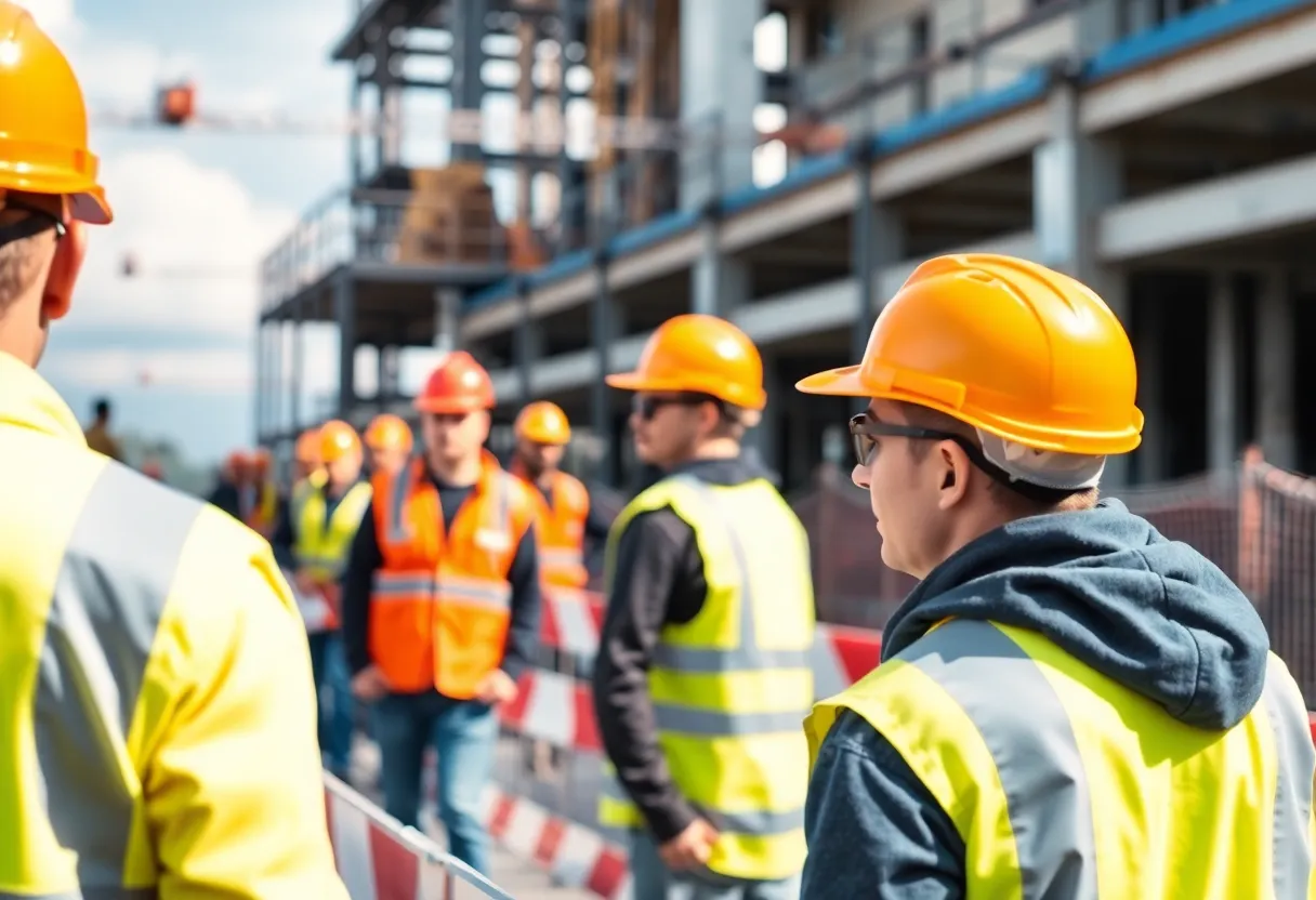 Construction workers practicing safety measures on site