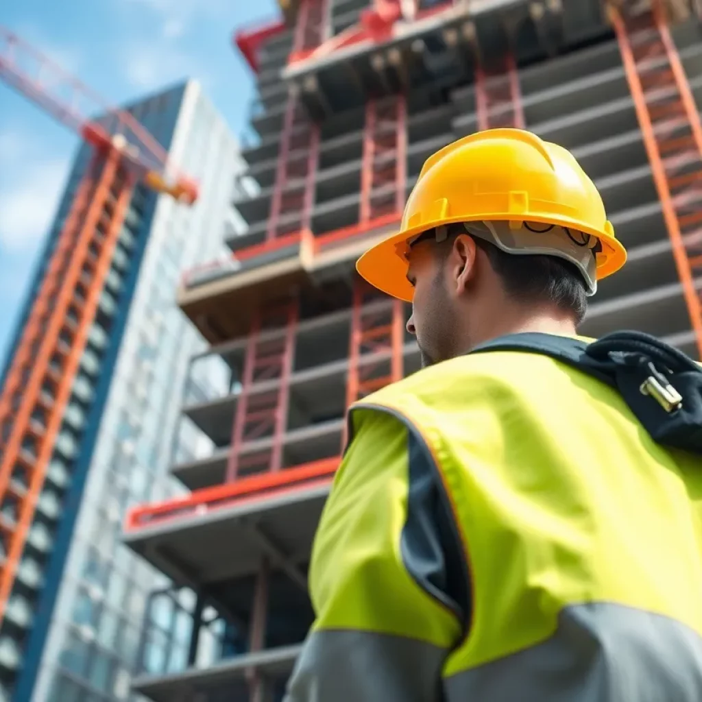 High-rise construction site showing safety gear and equipment