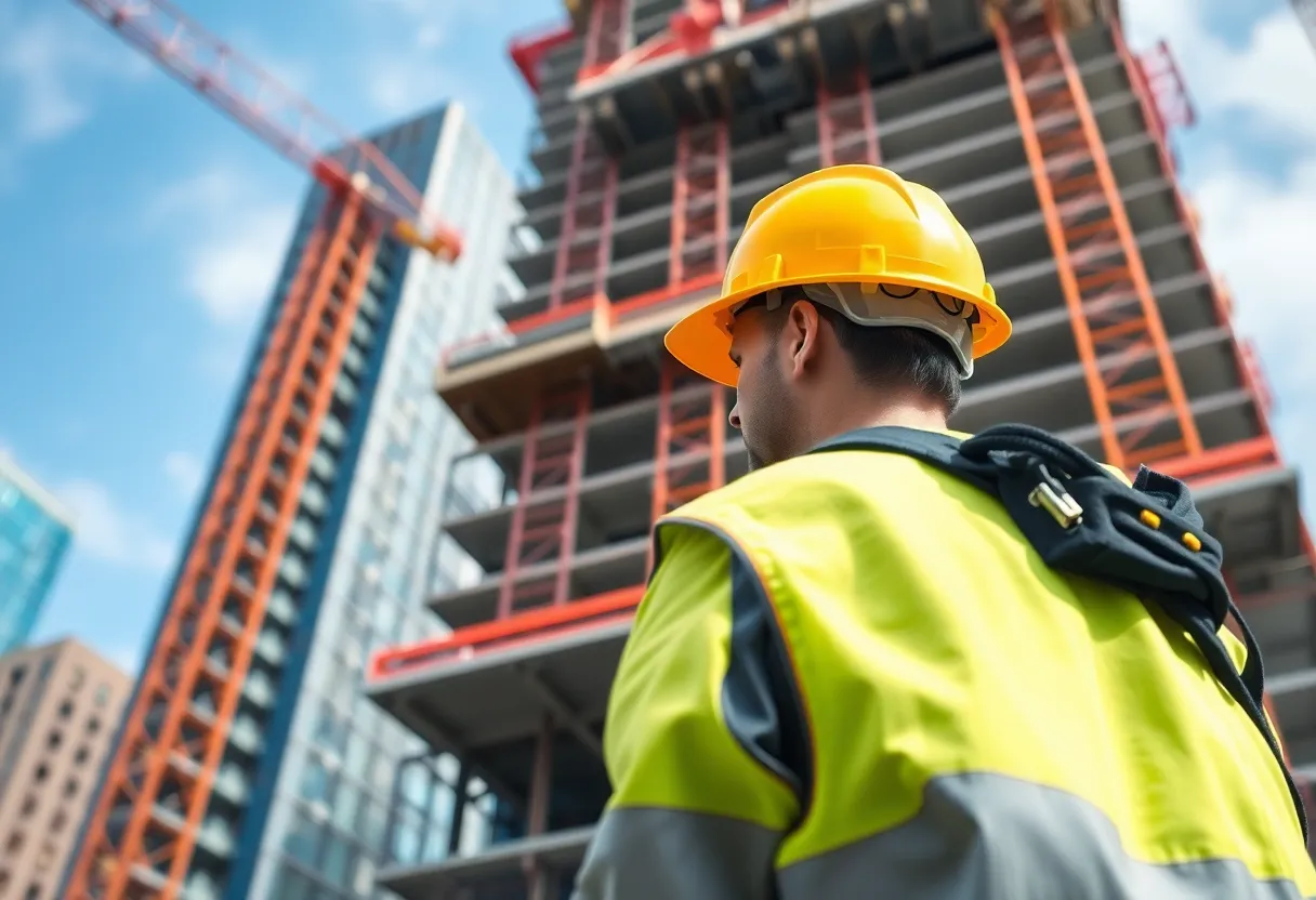 High-rise construction site showing safety gear and equipment