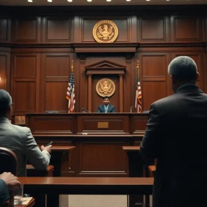 Courtroom scene where firearm offenses are being addressed