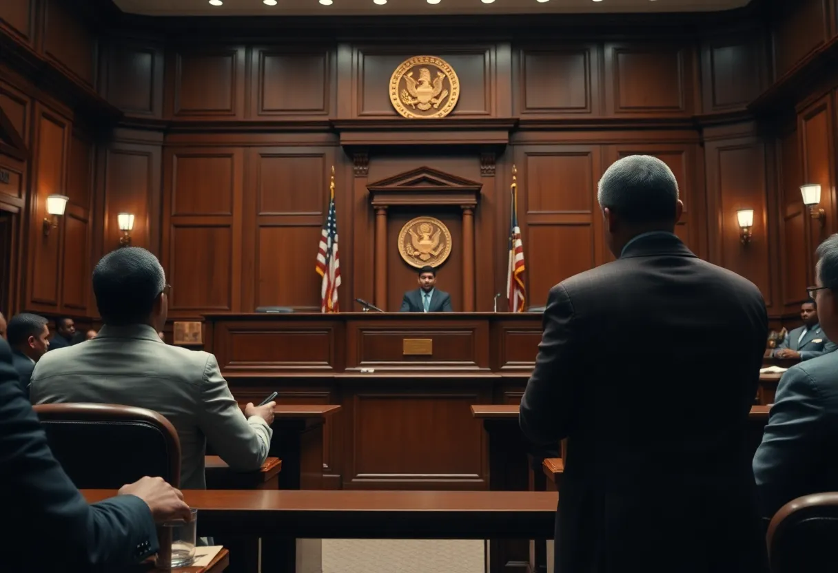 Courtroom scene where firearm offenses are being addressed