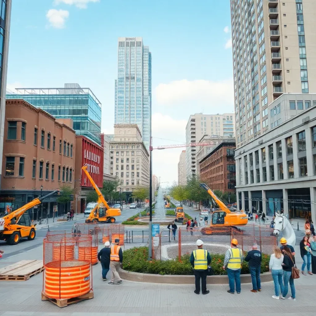 Construction workers and equipment in Decatur City Square under renovation.