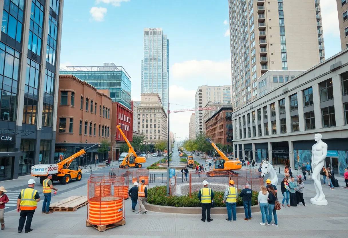Construction workers and equipment in Decatur City Square under renovation.