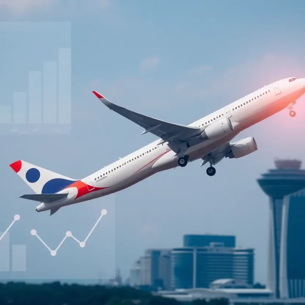 An airplane departing Atlanta with economic symbols in the background.