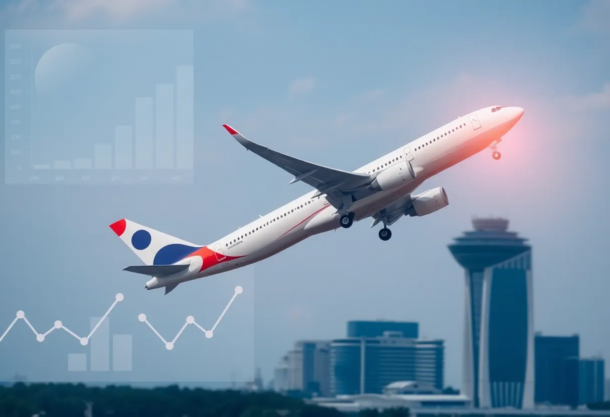 An airplane departing Atlanta with economic symbols in the background.