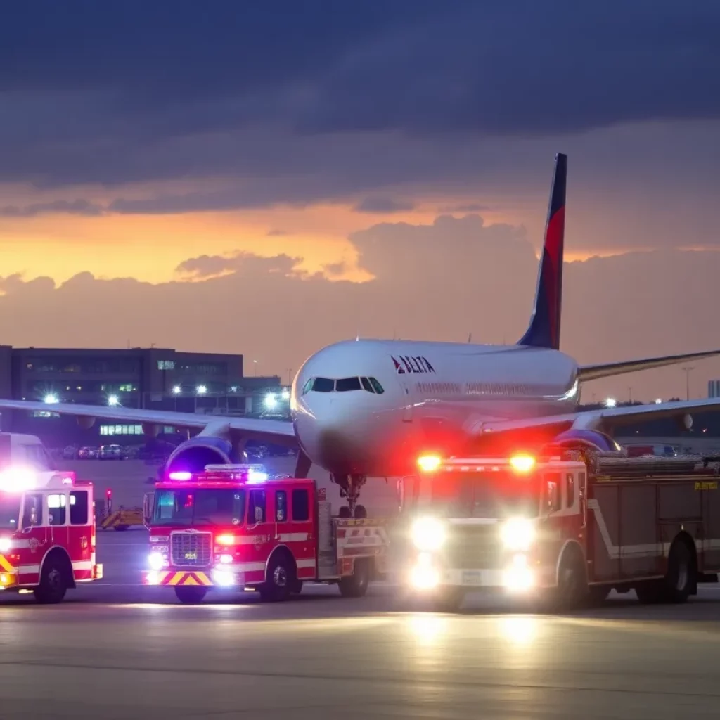 Delta Airlines plane with firetrucks at Atlanta airport