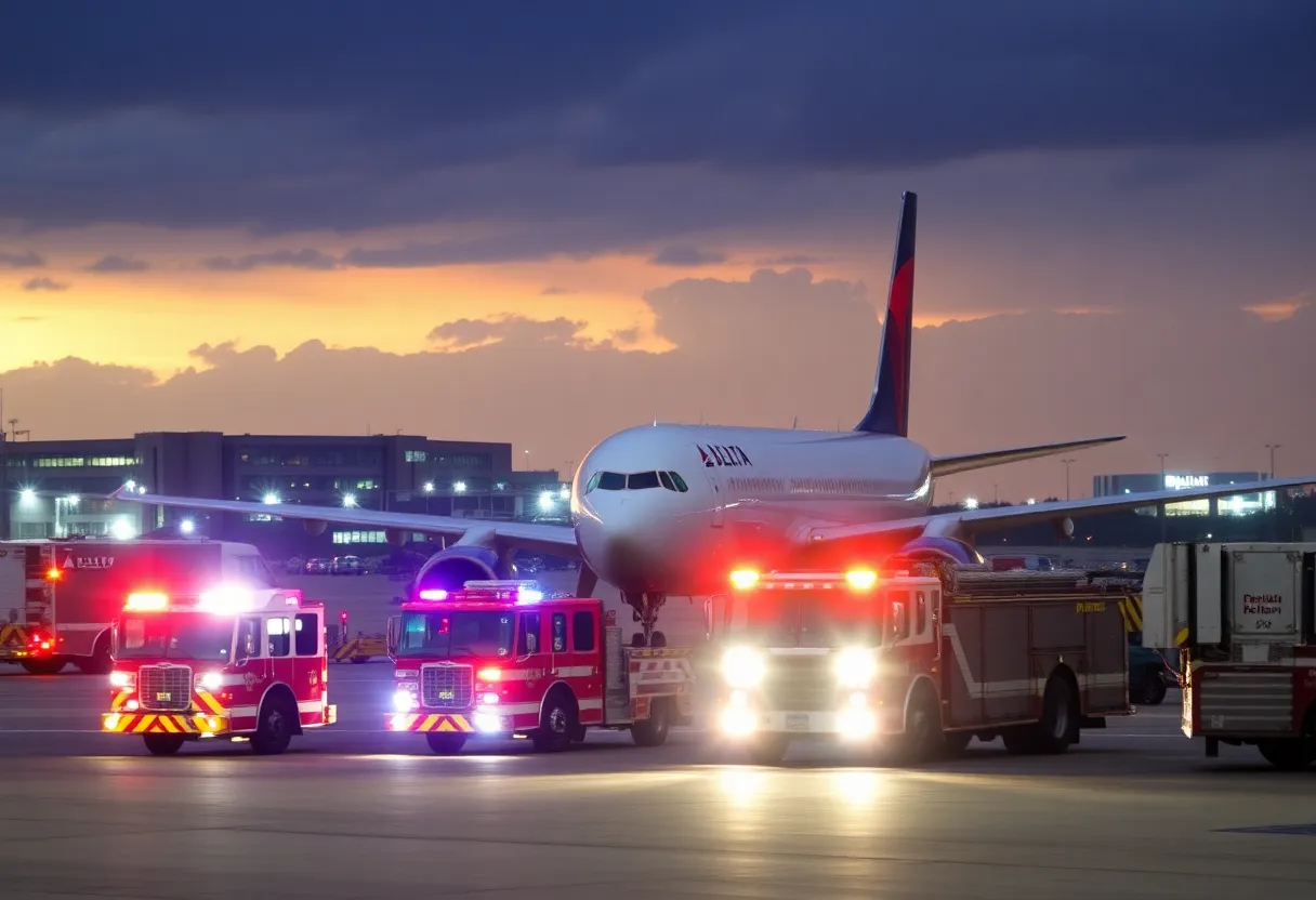 Delta Airlines plane with firetrucks at Atlanta airport
