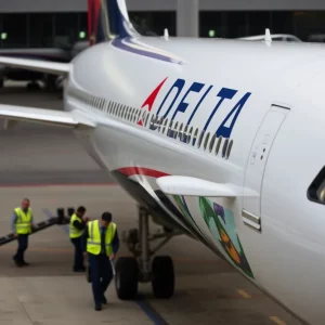 Delta Air Lines aircraft at Atlanta airport after returning due to cabin issues.