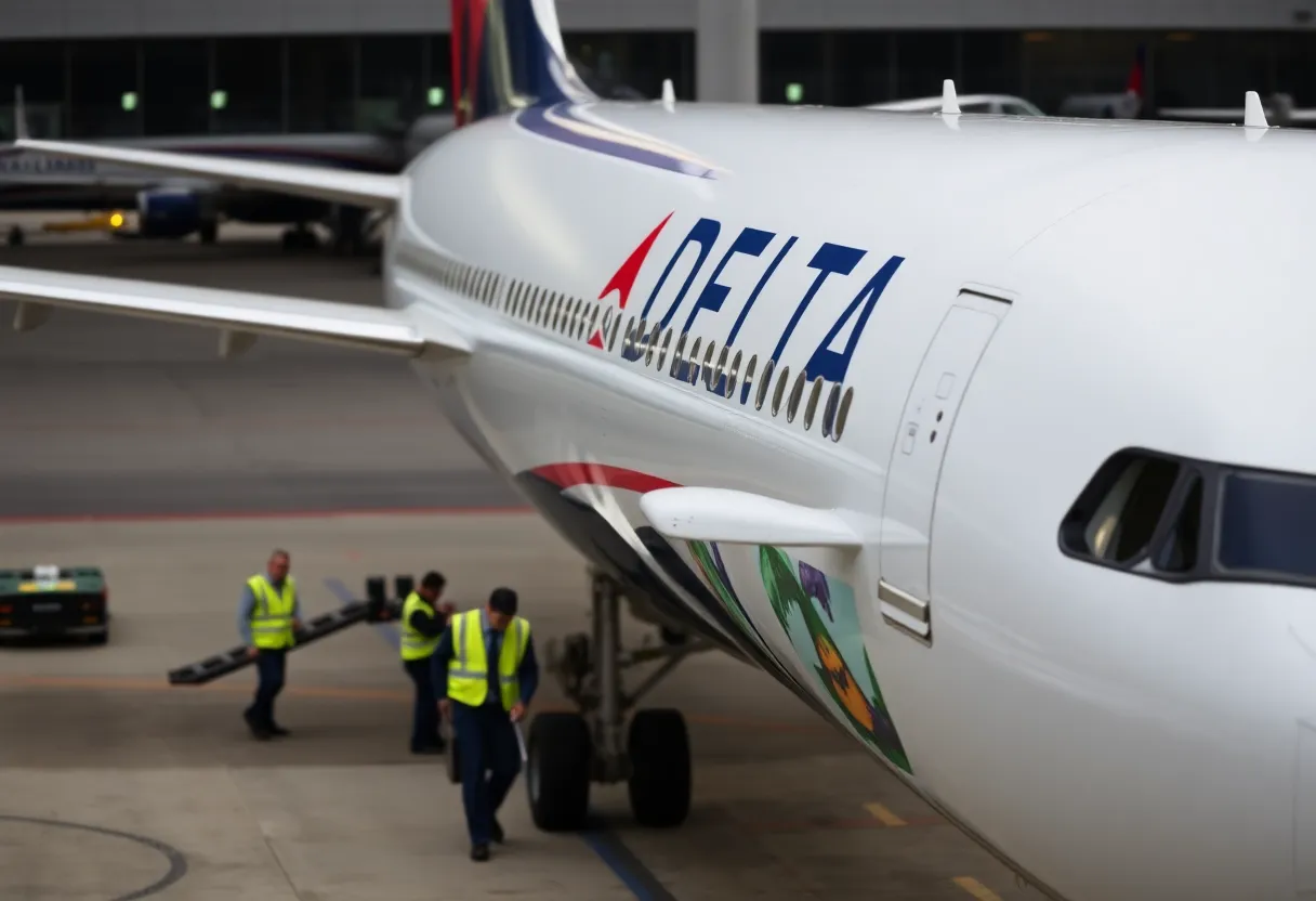 Delta Air Lines aircraft at Atlanta airport after returning due to cabin issues.