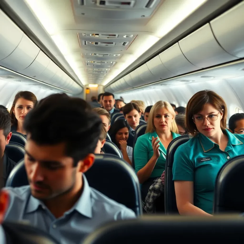 Emergency situation on a Delta flight with crew and passengers reacting.