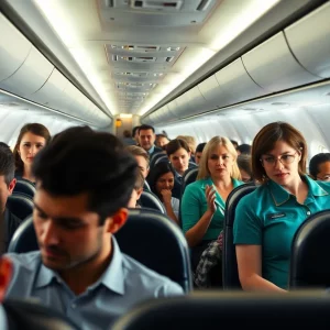 Emergency situation on a Delta flight with crew and passengers reacting.
