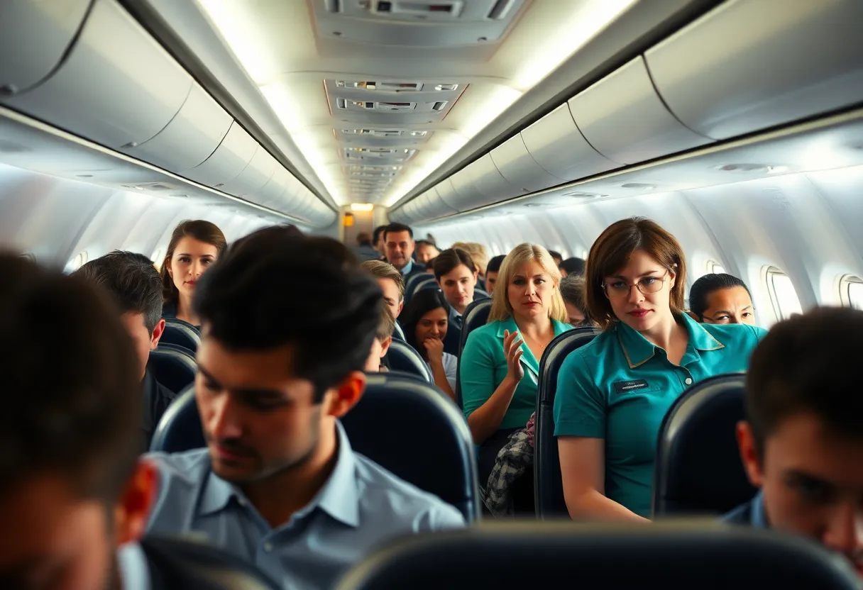 Emergency situation on a Delta flight with crew and passengers reacting.