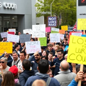 Crowd protesting against Elon Musk at a Tesla dealership