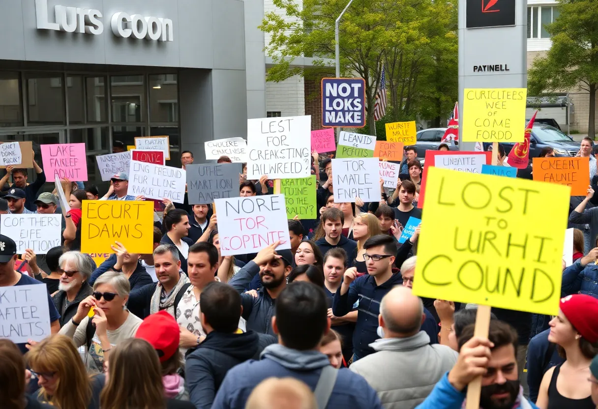 Crowd protesting against Elon Musk at a Tesla dealership