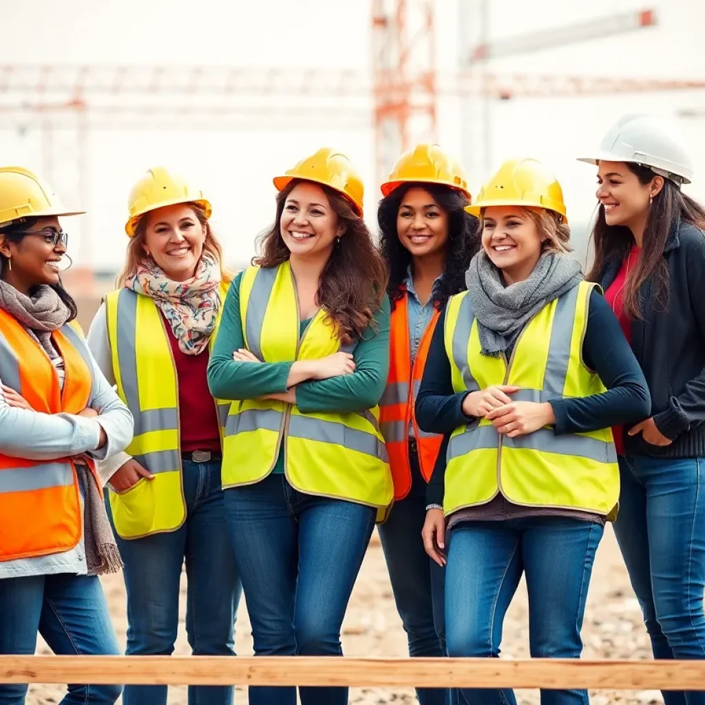 Group of women in construction uniforms collaborating on a project site