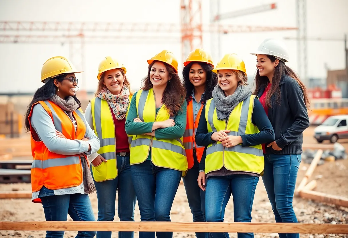 Group of women in construction uniforms collaborating on a project site