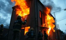 Firefighters tackling a fire at an abandoned building in Atlanta