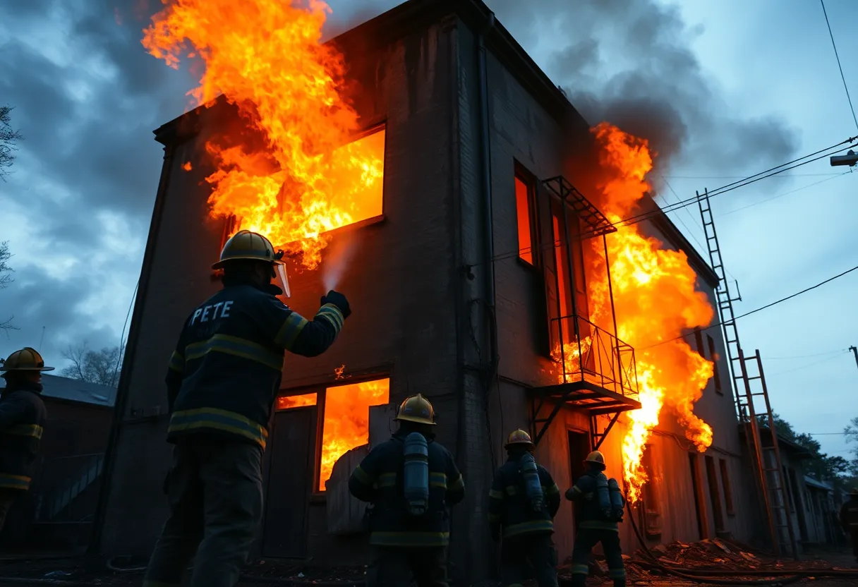Firefighters tackling a fire at an abandoned building in Atlanta