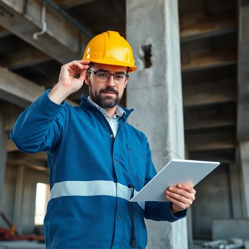 Engineer analyzing a flexible precast connection at a construction site