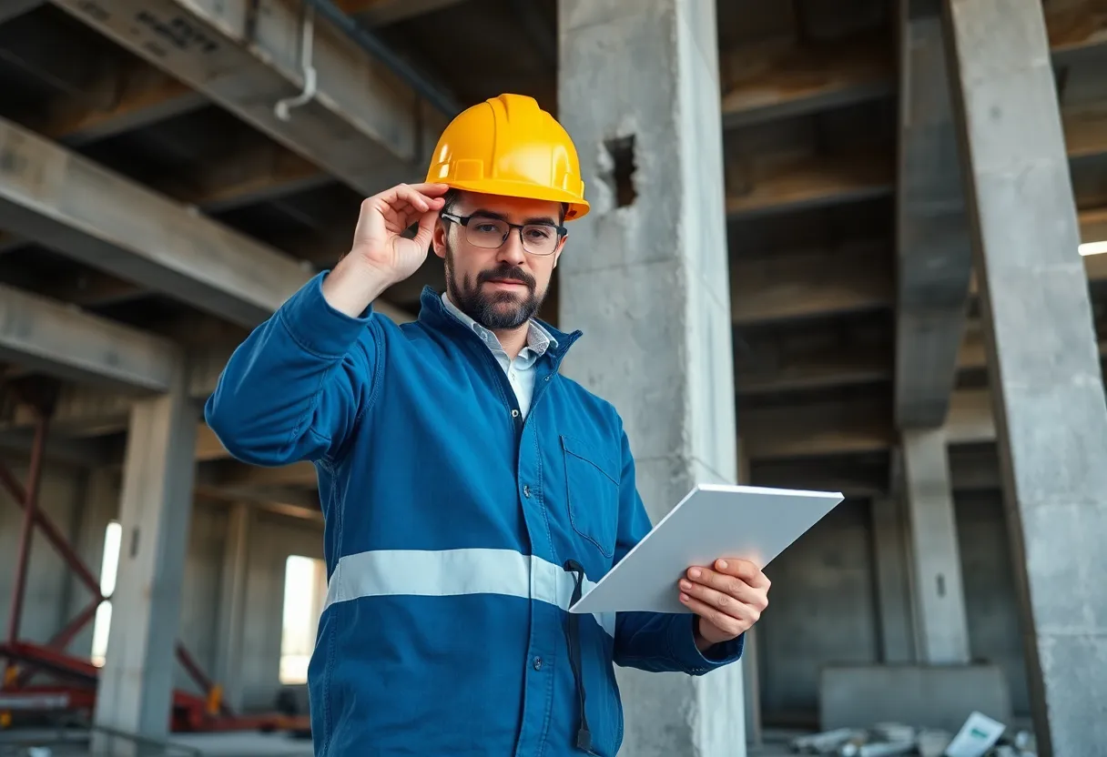 Engineer analyzing a flexible precast connection at a construction site