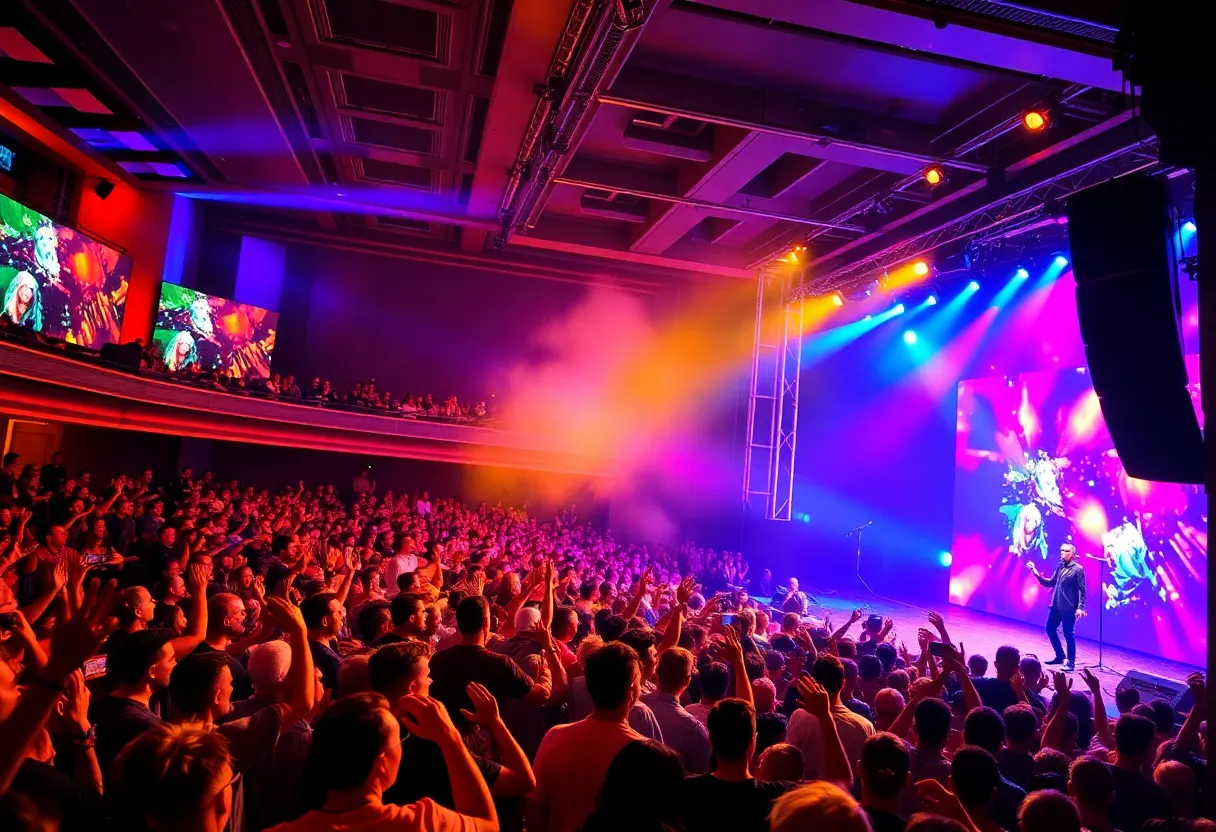 Concert scene during Foster the People's tour with colorful lights and lively audience.
