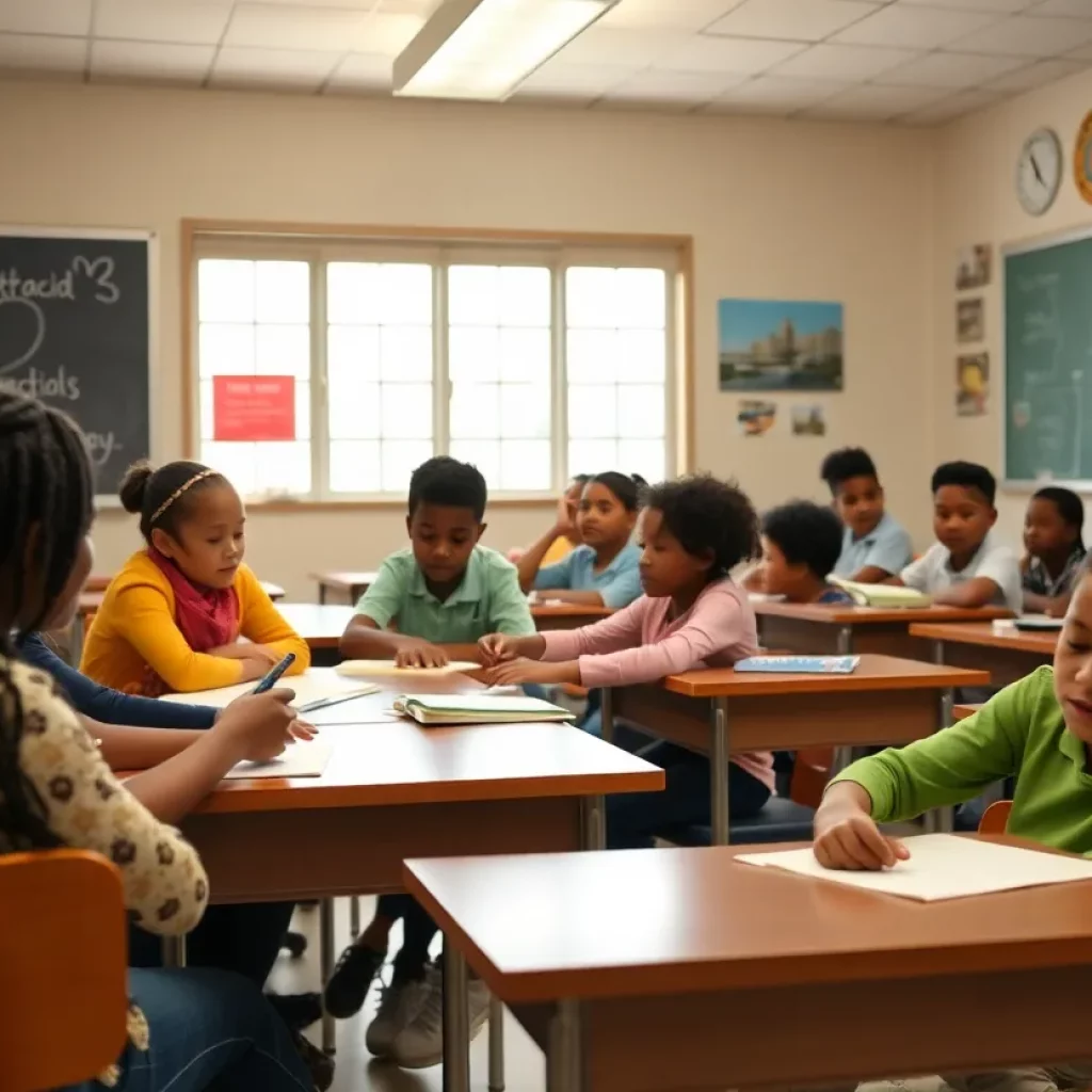 Diverse students engaged in a classroom environment focused on education funding discussions in Georgia.