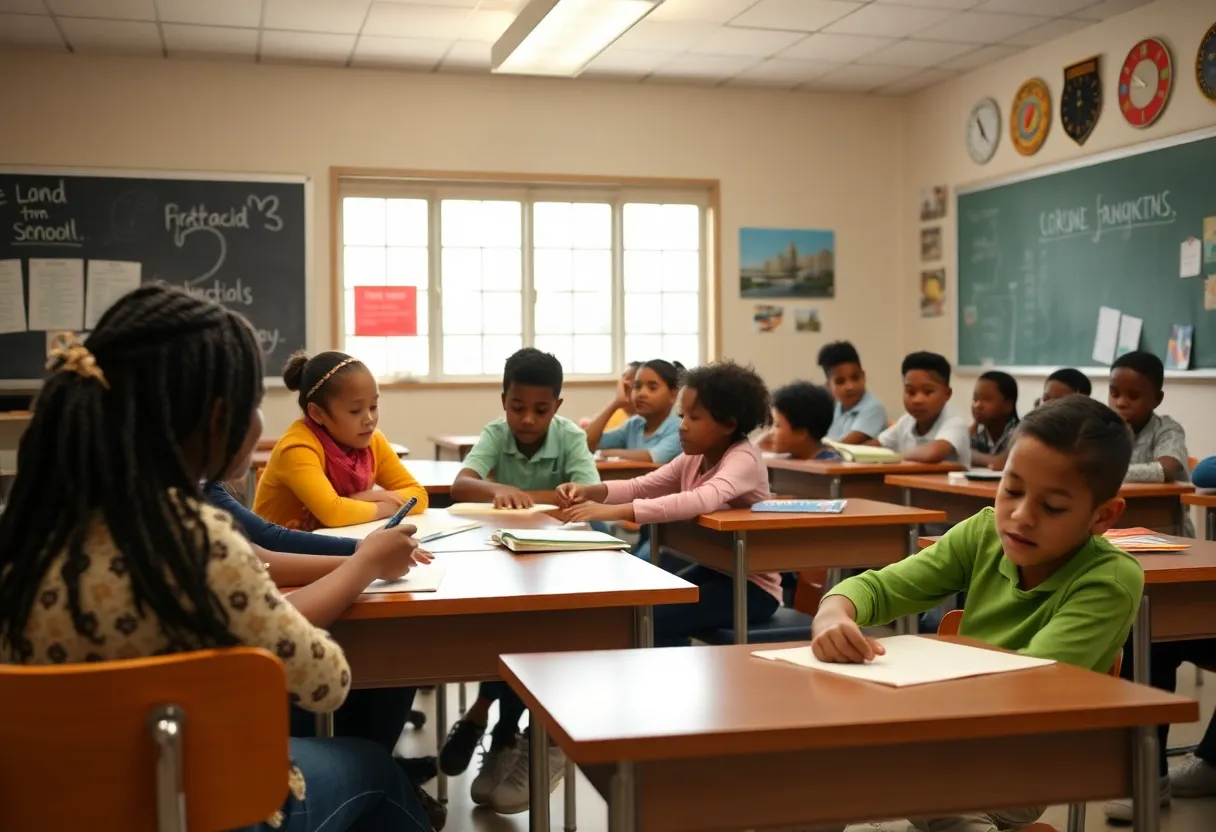 Diverse students engaged in a classroom environment focused on education funding discussions in Georgia.