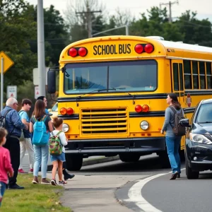 A school bus parked with students and parents showcasing school safety concerns