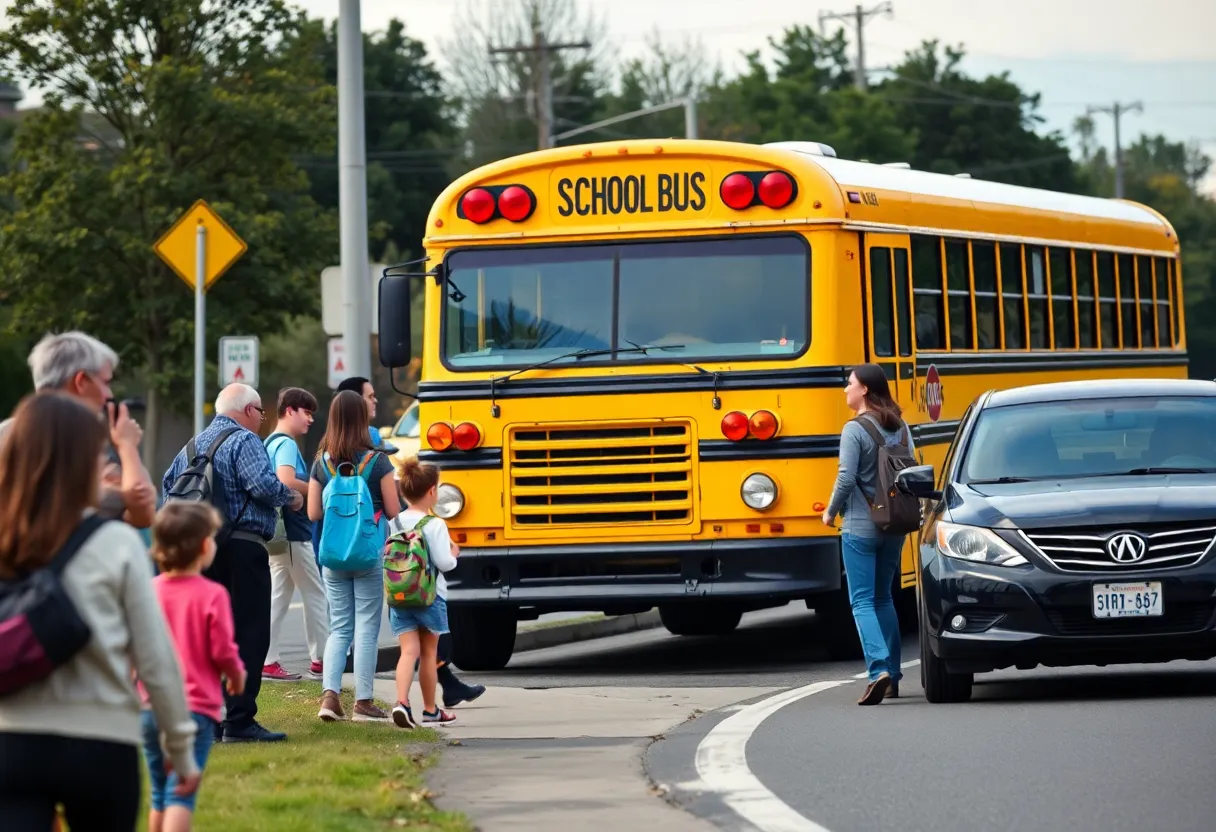 A school bus parked with students and parents showcasing school safety concerns