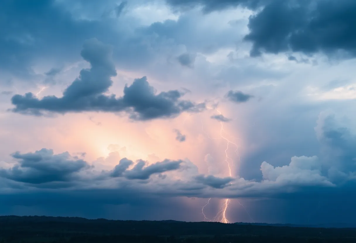 Dark clouds and lightning threatening Georgia landscape