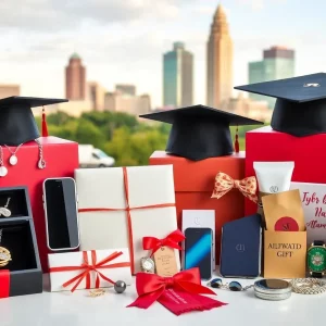 Display of trendy graduation gifts including jewelry, tech gadgets, and hometown themed items.