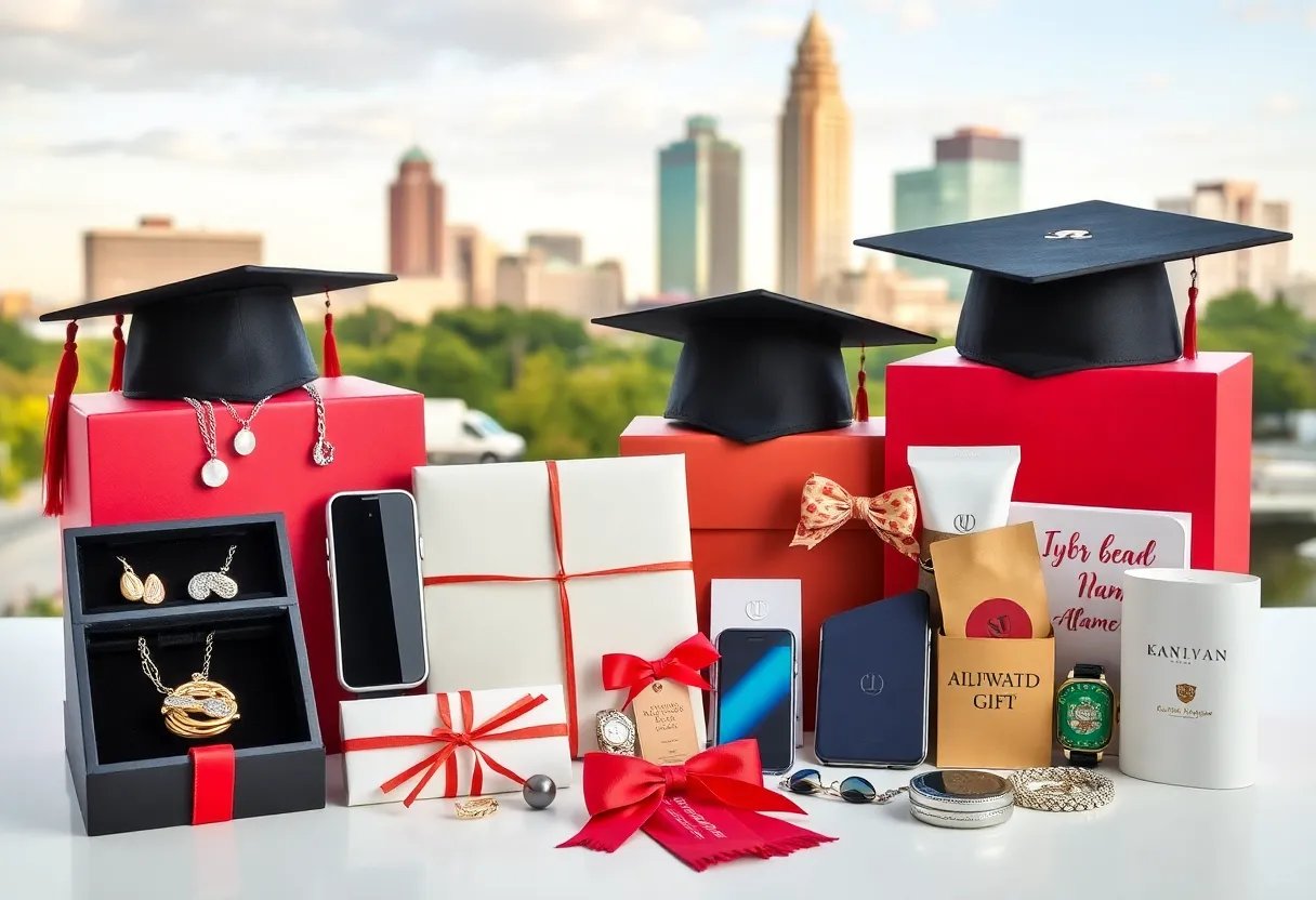 Display of trendy graduation gifts including jewelry, tech gadgets, and hometown themed items.