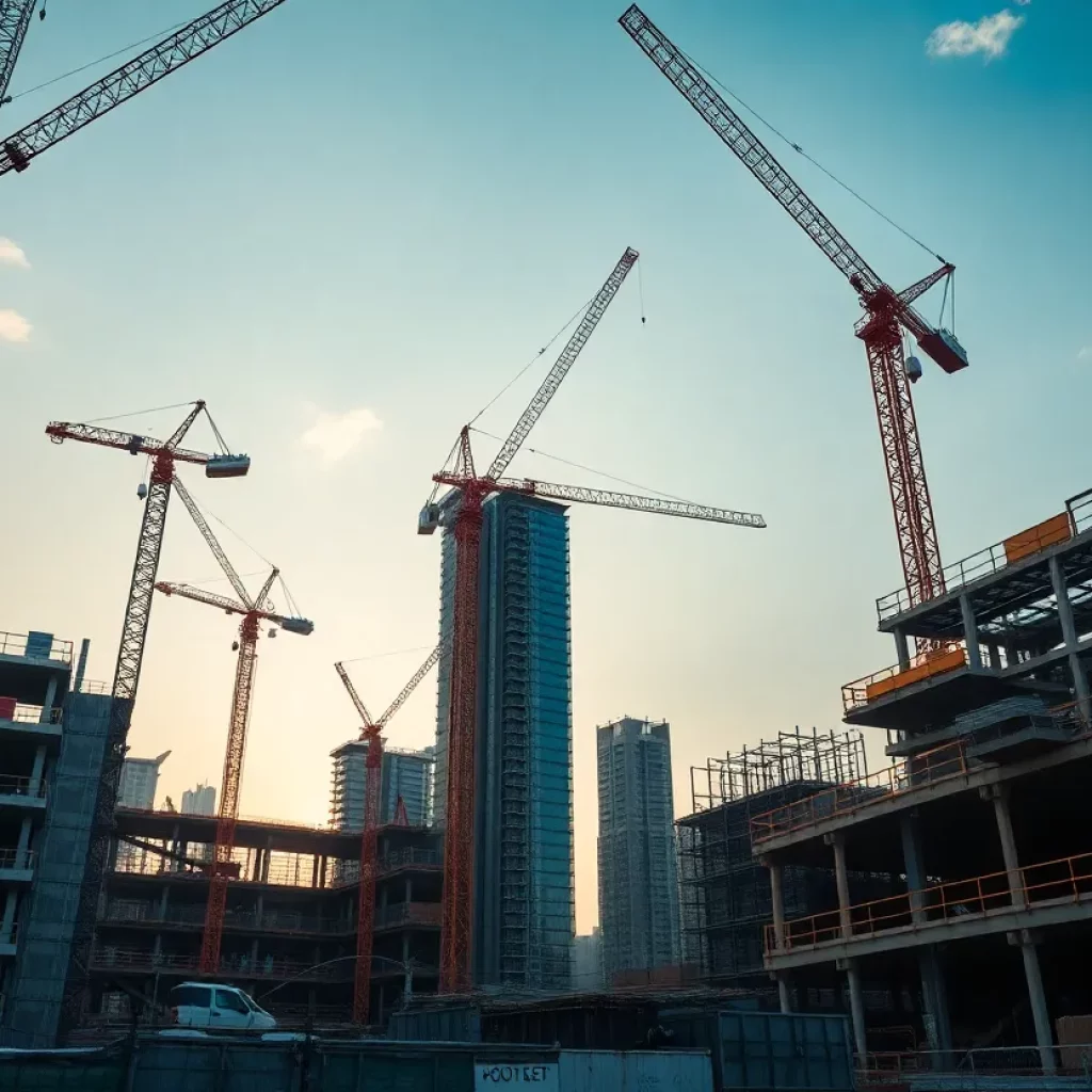 H.J. Russell construction site with cranes and workers