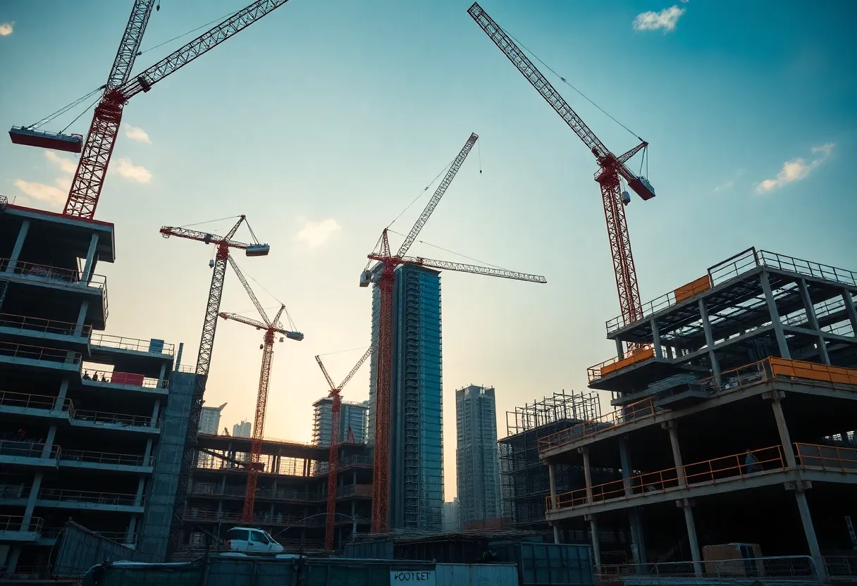 H.J. Russell construction site with cranes and workers