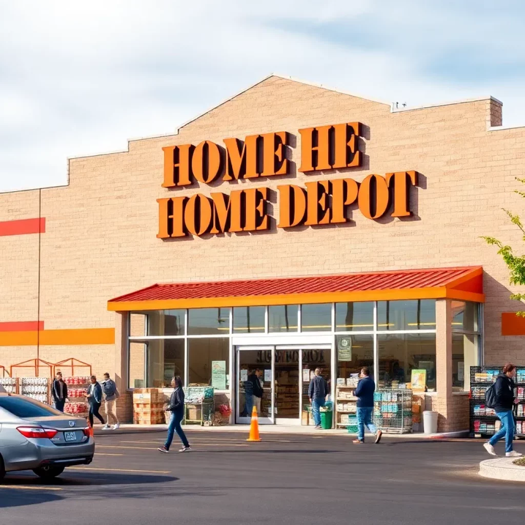 Exterior of a Home Depot store with shoppers