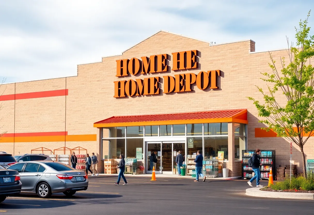 Exterior of a Home Depot store with shoppers