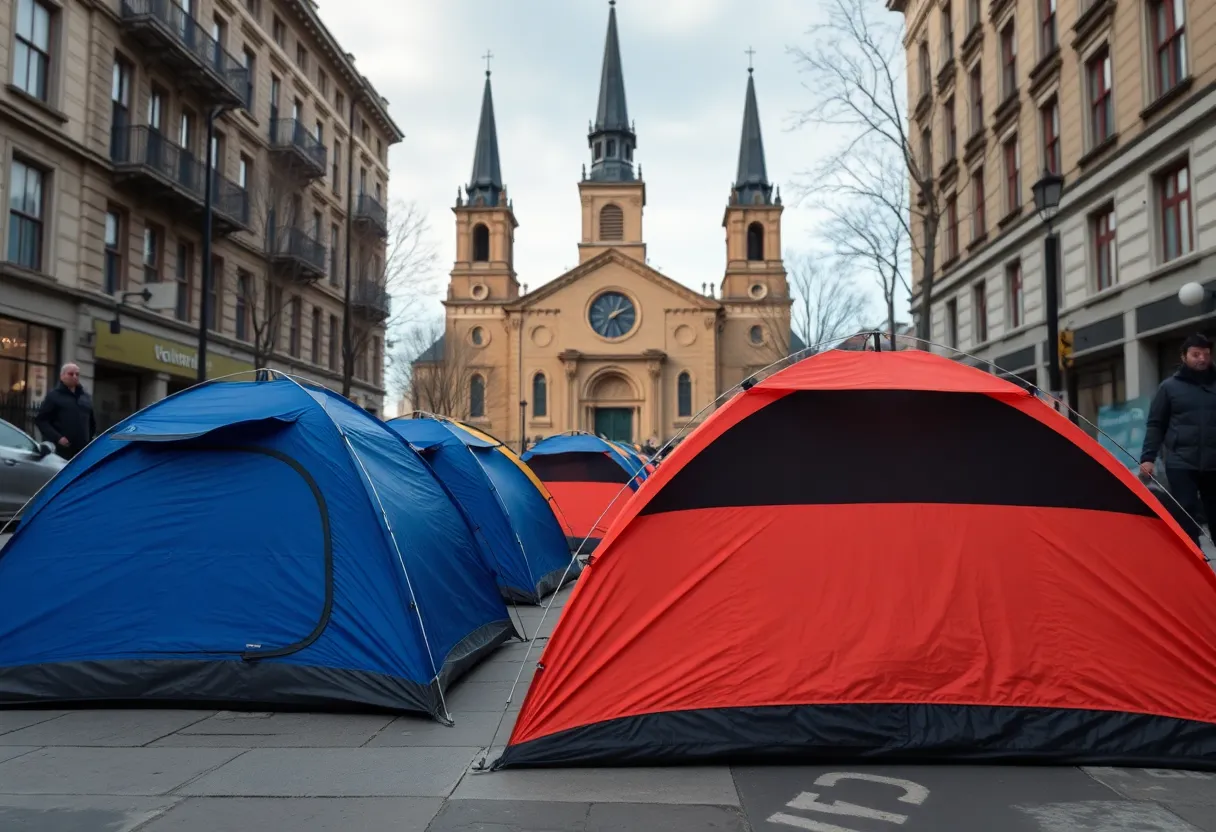 A homeless encampment with tents near a historic church.