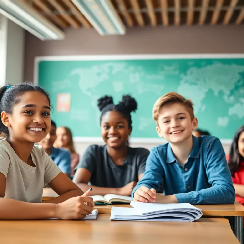 A diverse classroom with students from various backgrounds engaged in learning activities.