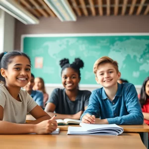 A diverse classroom with students from various backgrounds engaged in learning activities.