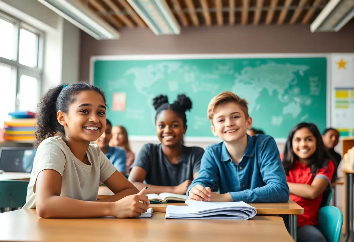 A diverse classroom with students from various backgrounds engaged in learning activities.