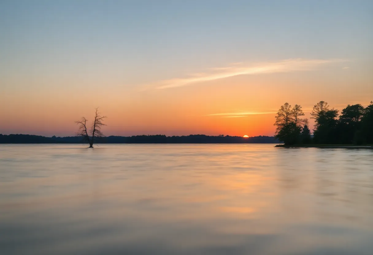 Lake Oconee at sunset with trees and calm waters