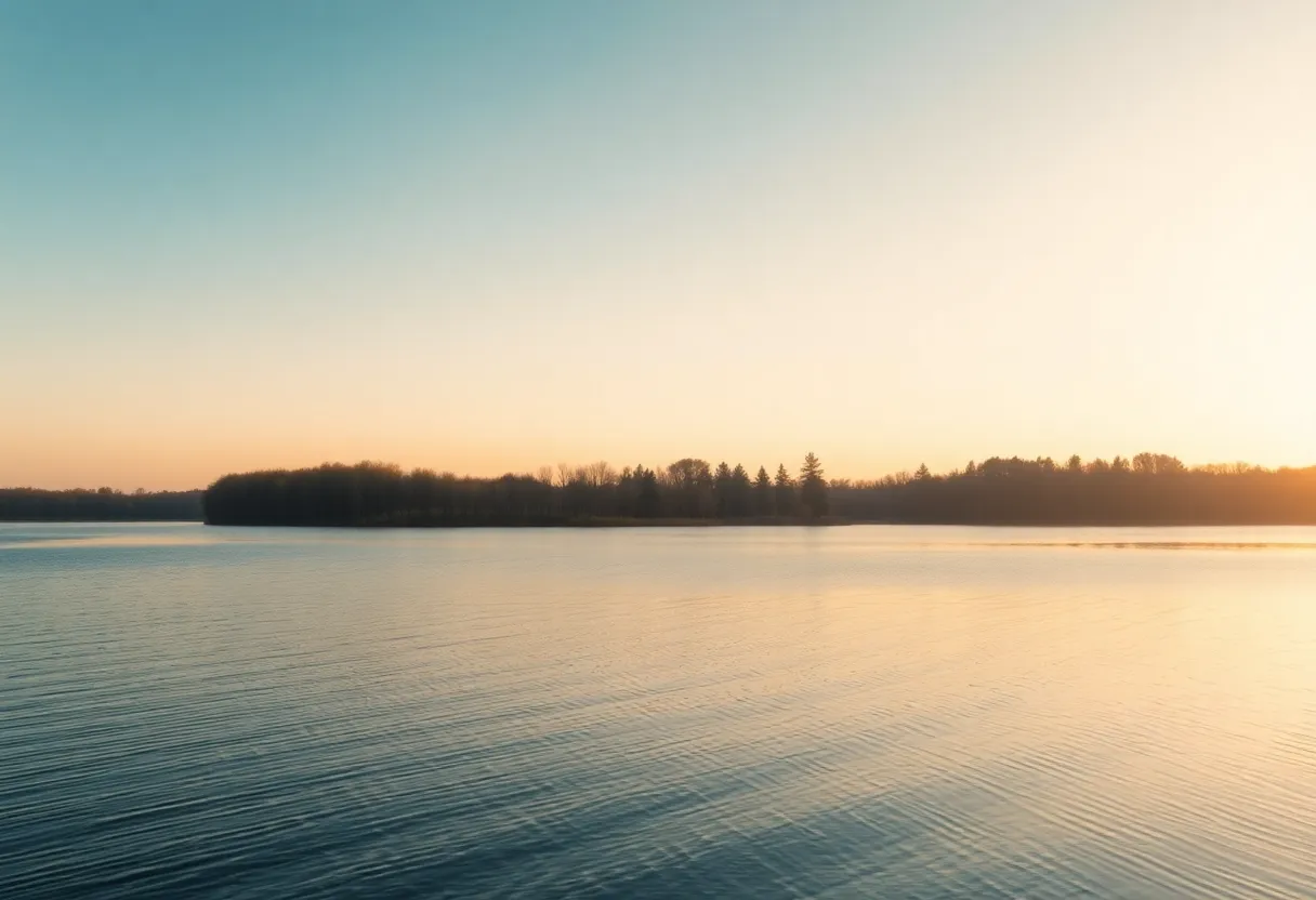 Lake Oconee landscape with trees and a blue sky