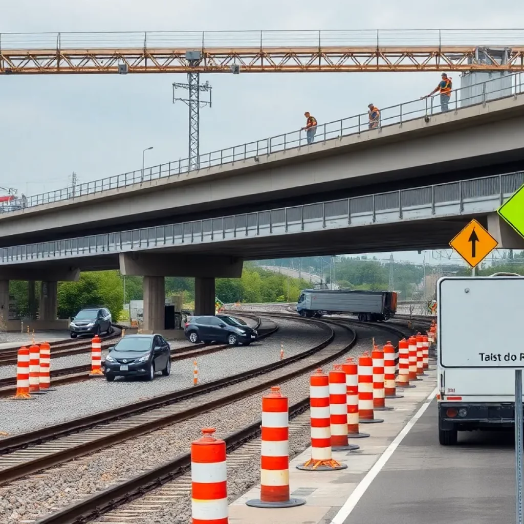 Construction of the bridge in Macon, Georgia over railway tracks