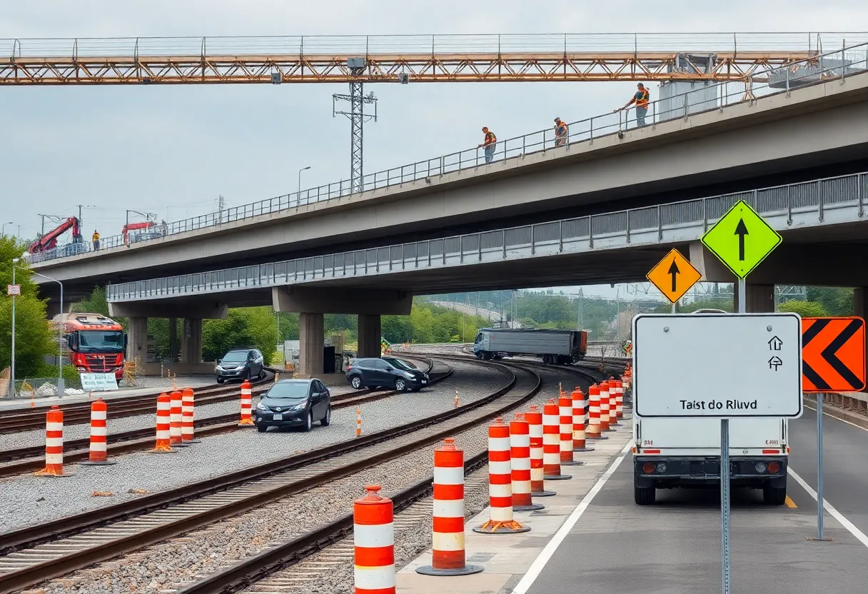Construction of the bridge in Macon, Georgia over railway tracks
