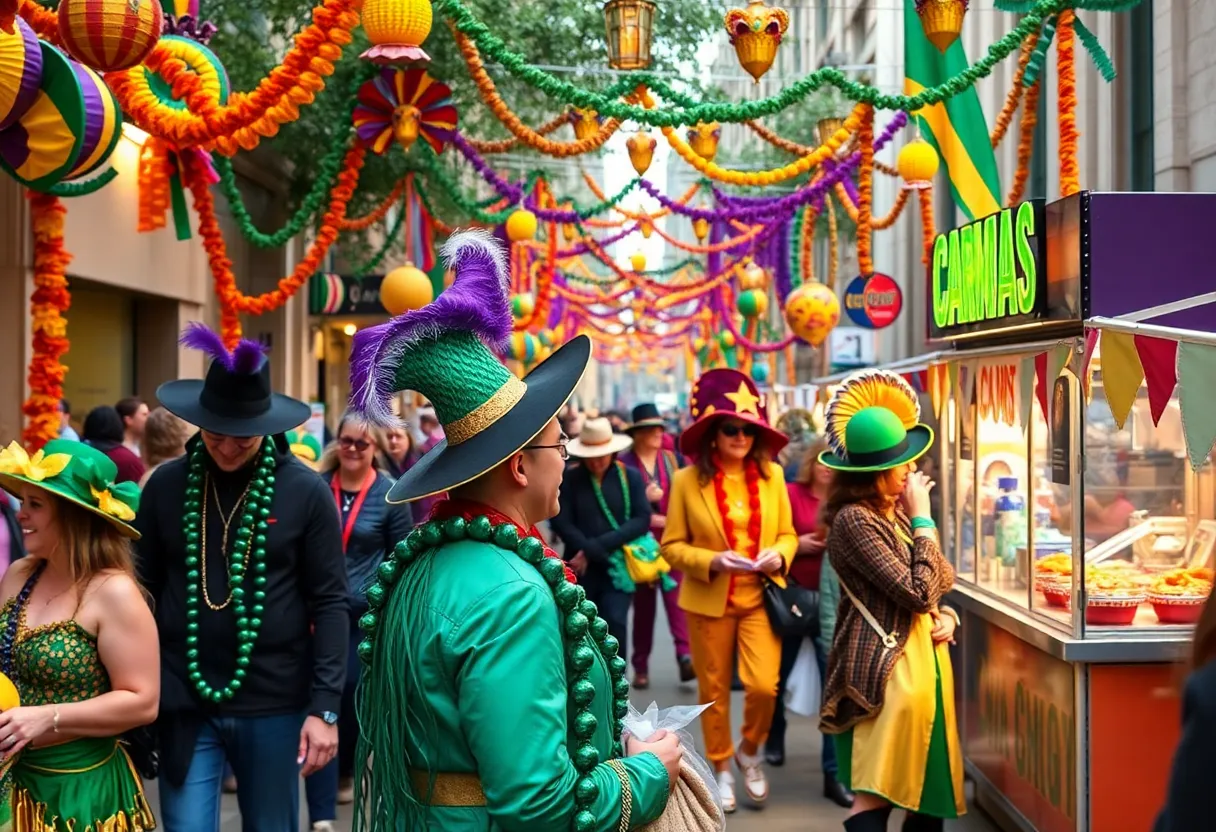 Vibrant Mardi Gras celebration in Metro Atlanta with people in festive attire and decorations.