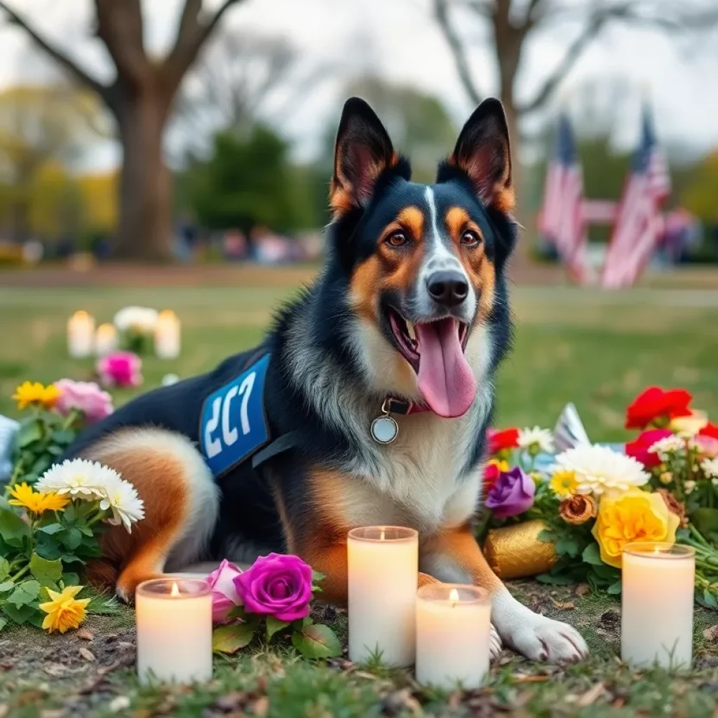 Community memorial honoring service dog Bruno with flowers and candles.