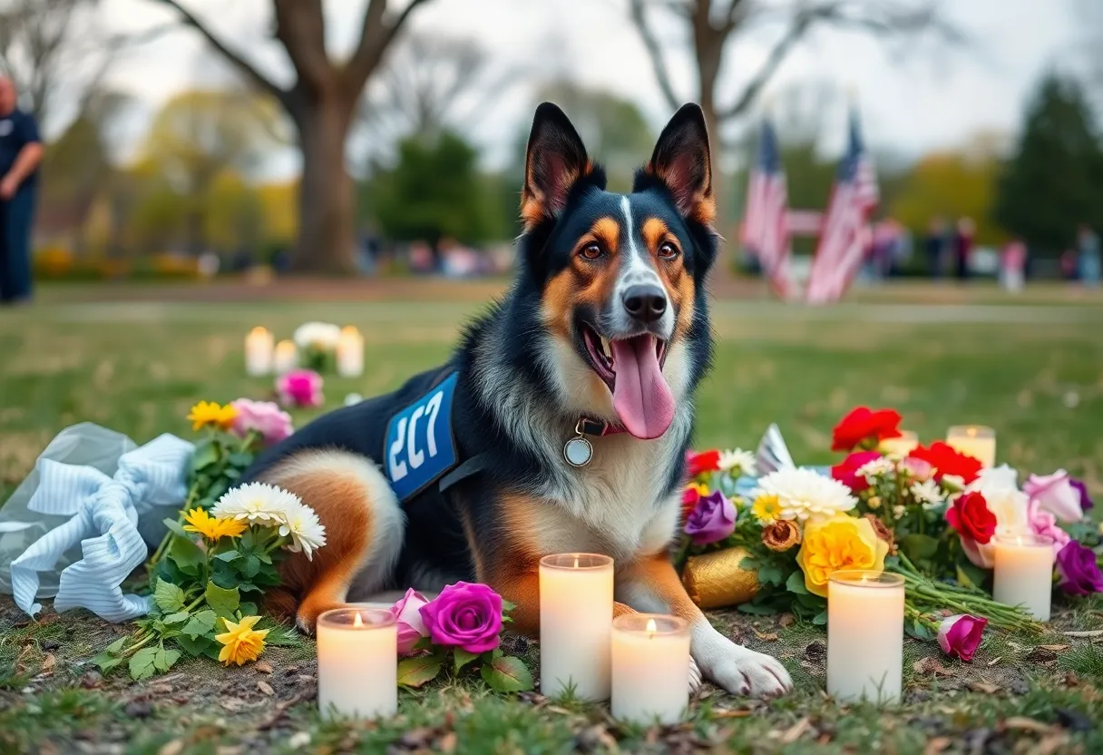 Community memorial honoring service dog Bruno with flowers and candles.