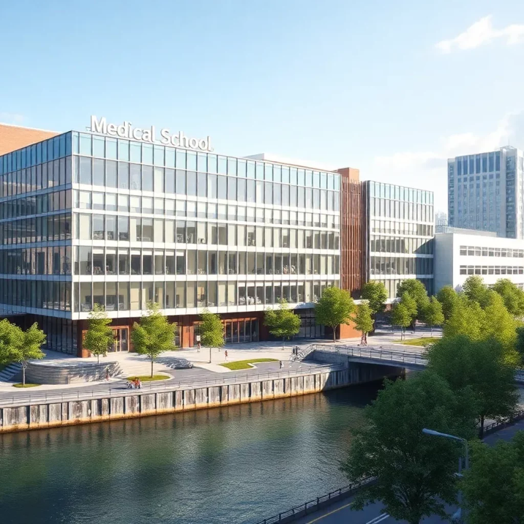 Rendering of Mercer University's new medical school overlooking the Ocmulgee River