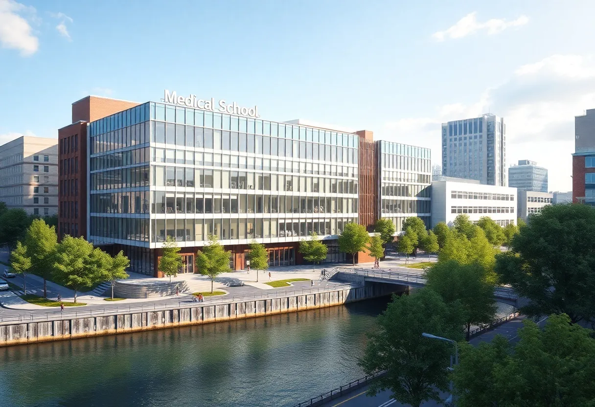 Rendering of Mercer University's new medical school overlooking the Ocmulgee River